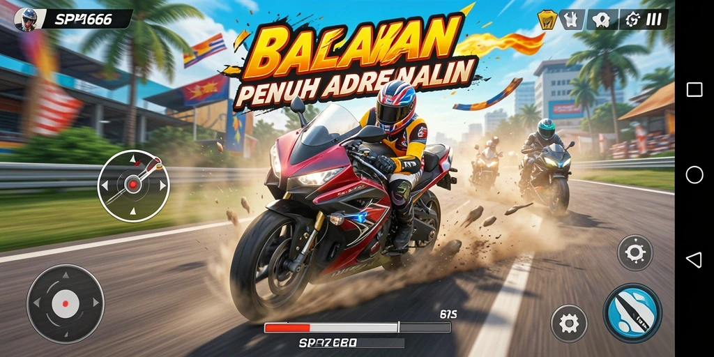 Screenshot utama SP666 menampilkan motor balap di jalur balapan.