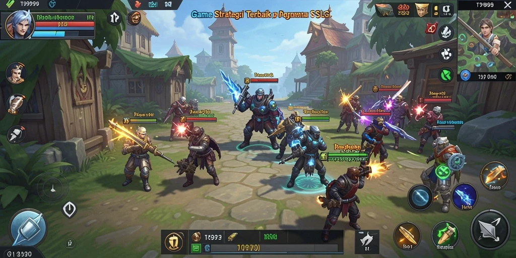 Tangkapan layar gameplay T9999 yang menunjukkan strategi pertempuran SLG.