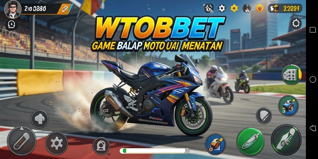 Screenshot utama WTOBET menampilkan aksi balap motor yang intens.